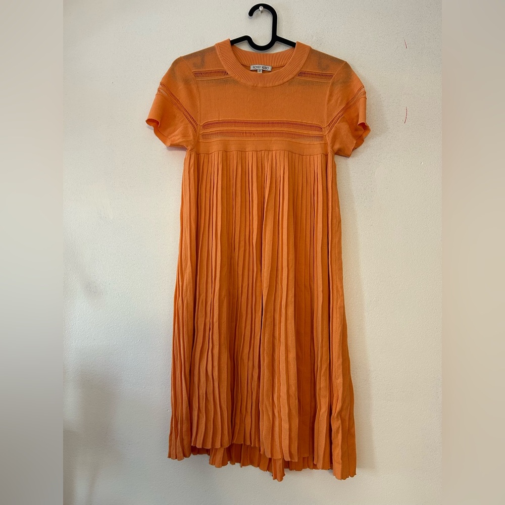 Ronny Kobo orange knit babydoll mod pleated dress size XS